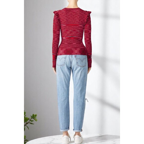 Cinq À Sept Salma Pullover Medium Red Long Sleeve Knit Sweater Shoulder Frills - Picture 3 of 8